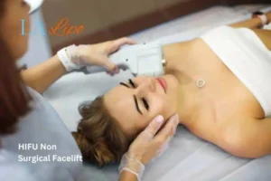 Woman having Hi-Fu to reduce wrinkles Lancashire.