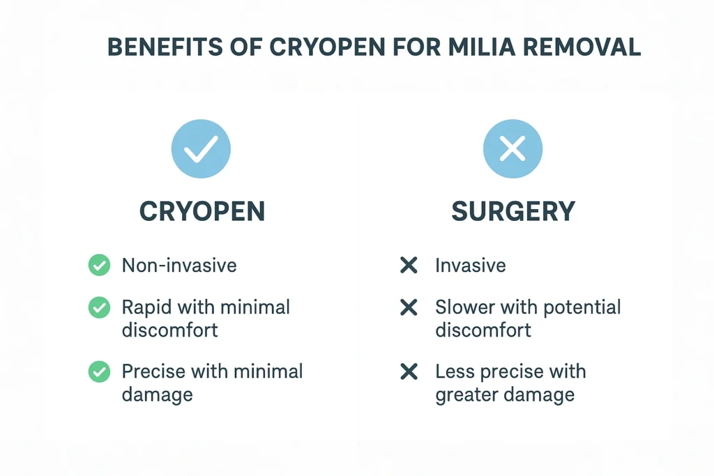 Benefits of cryopen for milia removal Lancashire compared to surgical treatments.
