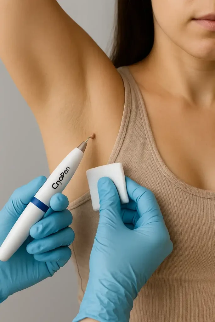 woman having cryopen to remove underarm skin tags Lancashire