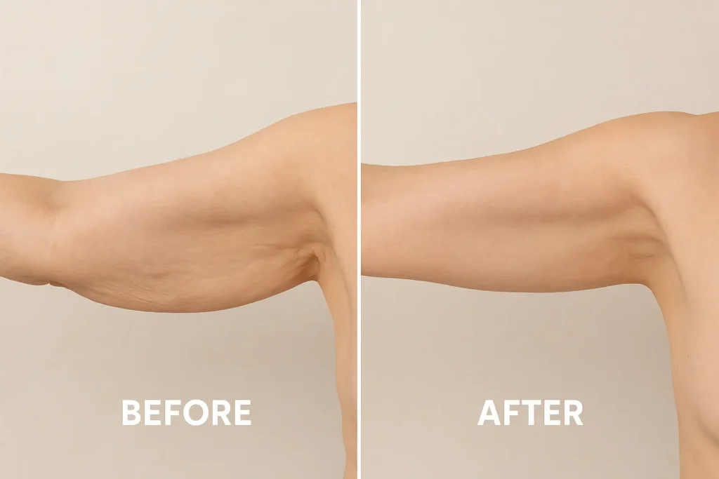 Picture of LA LIPO Lancashire before and after results of skin tightening treatment on the upper arms.