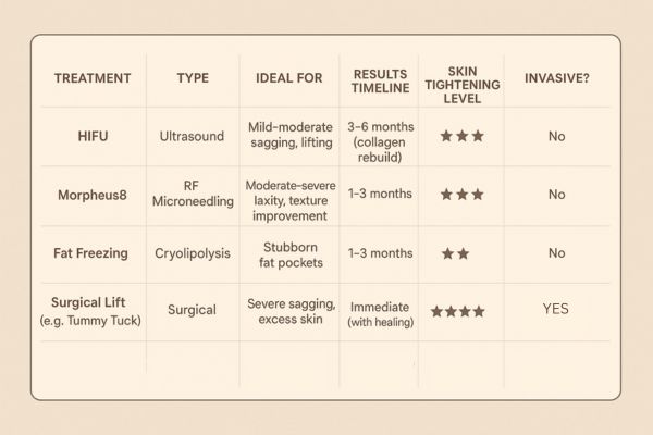 Table showing the comparisons of Skin tightening Lancashire treatment options.